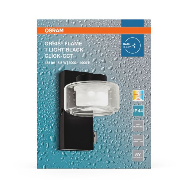 LED Wandlampe Click-CCT Metall Schwarz Glas IP44 OSRAM