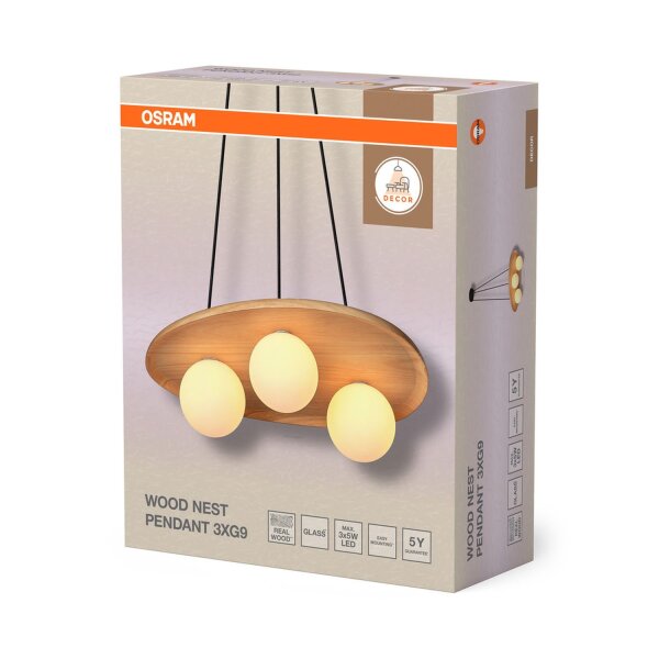 Hängelampe Weiß Holz Glas G9 L:50 cm modern OSRAM