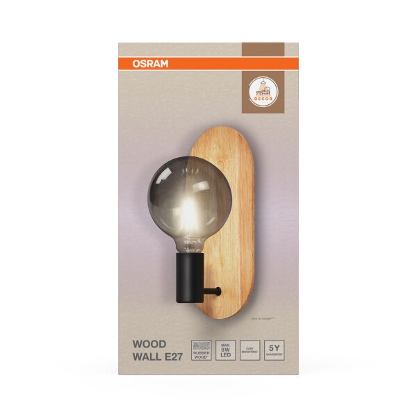 Wandlampe Schwarz Holz E27 H:30 cm modern OSRAM