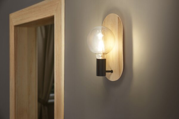 Wandlampe Schwarz Holz E27 H:30 cm modern OSRAM