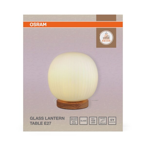 Tischleuchte Weiß Holz Glas E27 33,5 cm wohnlich OSRAM
