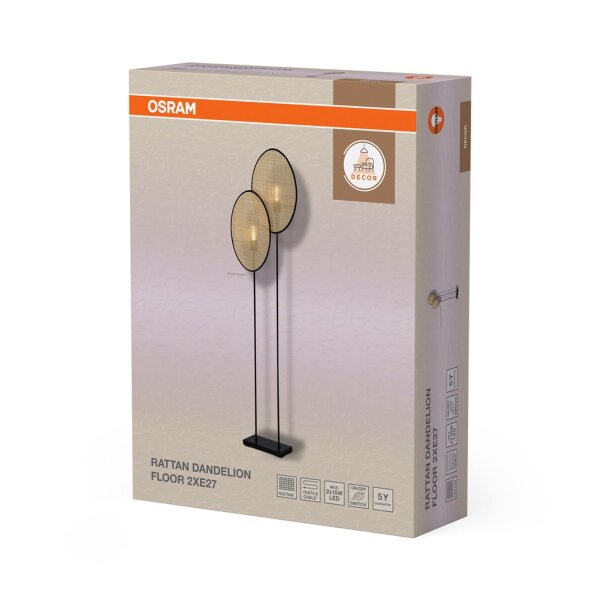 Stehleuchte Schwarz Rattan E27 H:170 cm OSRAM