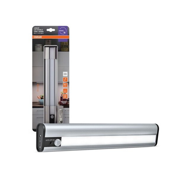 LED Akku Wandlampe Sensor Silber Alu 4000K L:30cm OSRAM