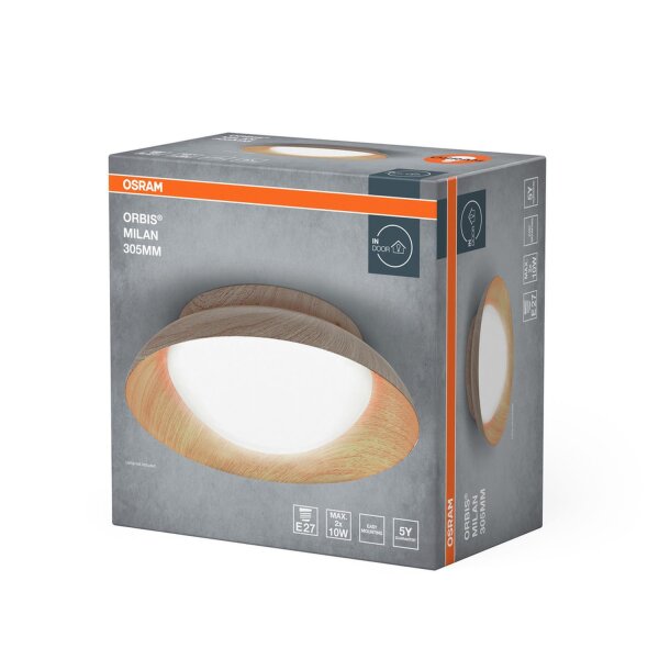 Deckenleuchte Glas Stahl Holz E27 Ø30,5cm rund OSRAM