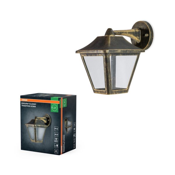Wandleuchte Schwarz-Gold Alu Glas IP44 E27 H:23cm OSRAM
