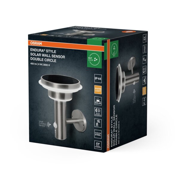 LED Solar Wandleuchte Edelstahl Sensor 3000K IP44 OSRAM