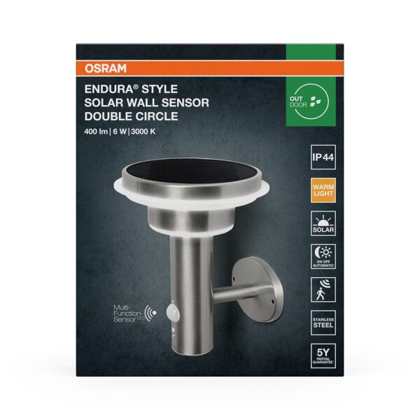LED Solar Wandleuchte Edelstahl Sensor 3000K IP44 OSRAM