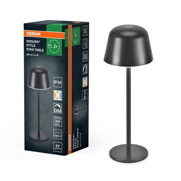 LED Akku Tischlampe dimmbar CCT Alu IP54 Ø11 cm OSRAM