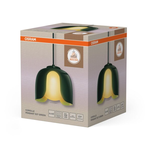 Hängelampe Glas Metall Modern E27 Grün L:20 cm OSRAM