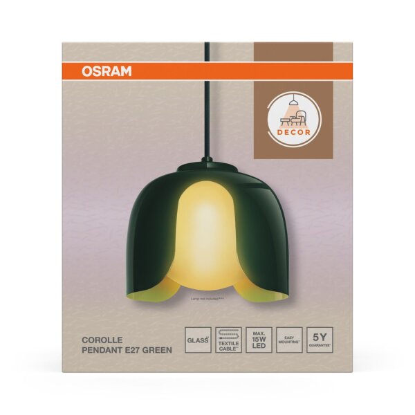 Hängelampe Glas Metall Modern E27 Grün L:20 cm OSRAM
