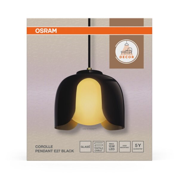 Pendelleuchte Schwarz Glas Metall E27 rund L:20cm OSRAM
