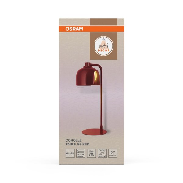 Tischlampe Glas blendarm G9 Rot Metall H:40 cm OSRAM