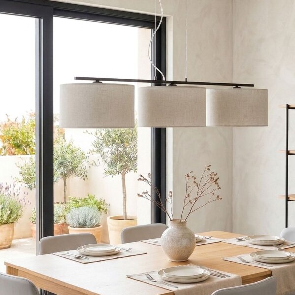 Pendelleuchte Leinen Beige Schwarz E27 L:100 cm
