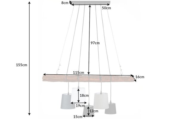 Pendelleuchte Balken Treibholz Stoff 115 cm lang 5x E27