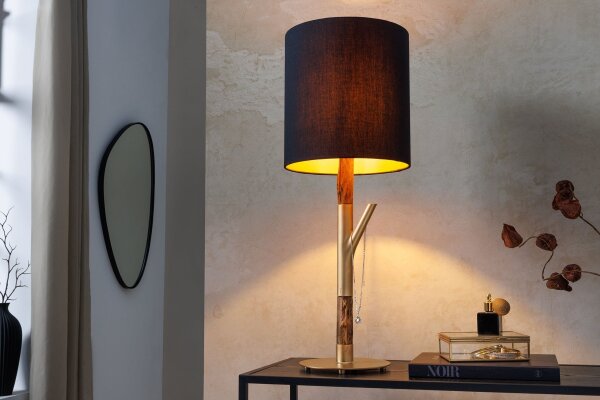 Tischleuchte Holz Stoff 74 cm hoch E27 in Gold Schwarz Natur