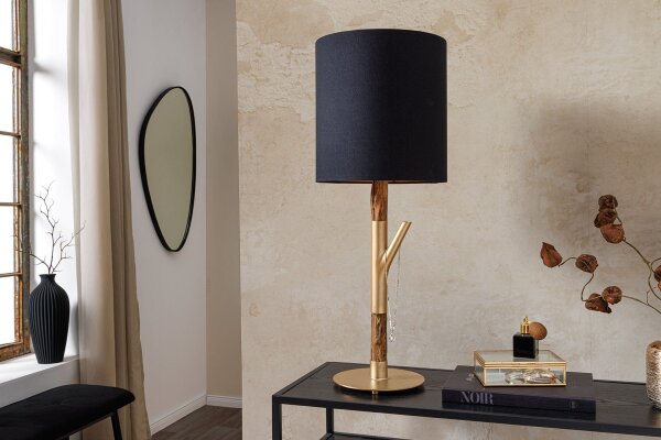Tischleuchte Holz Stoff 74 cm hoch E27 in Gold Schwarz Natur