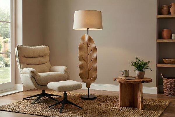 Stehlampe Holz Stoff 131 cm hoch Natur Beige Modern E27