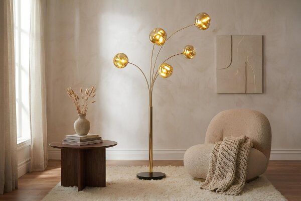 Stehlampe 202 cm hoch 5x G9 in Schwarz Gold Modern