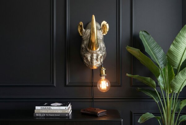 Deko Lampe Wand H: 41 cm Nashorn Polyresin für E27 Handarbeit