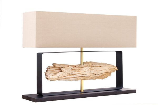Tischlampe Teakholz Stoff 80 cm breit Schwarz Beige Gold E27