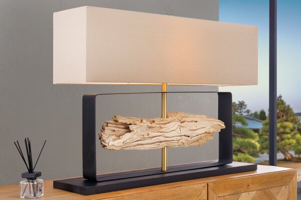 Tischlampe Teakholz Stoff 80 cm breit Schwarz Beige Gold E27