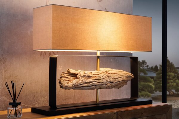 Tischlampe Teakholz Stoff 80 cm breit Schwarz Beige Gold E27