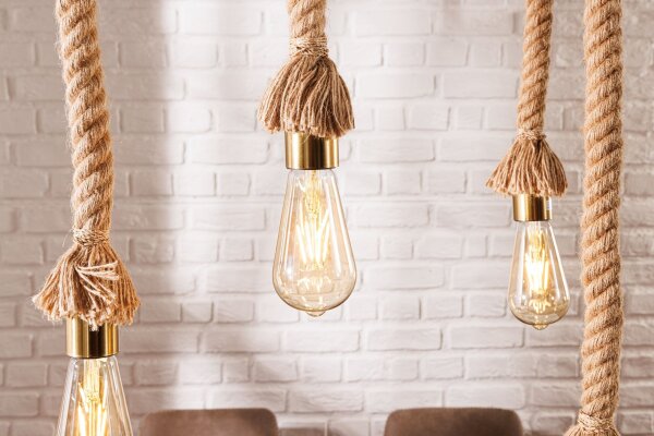 Pendelleuchte Balken Holz Seil 110 cm lang 5x E27 Unikat