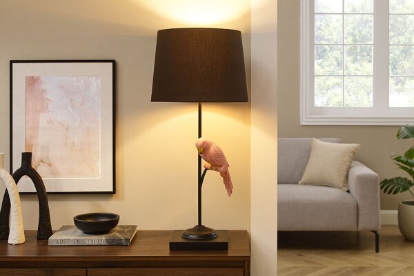 Tischlampe Metall Stoff E27 75 cm Schwarz Rosa Vogel