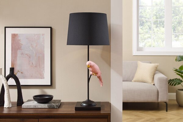 Tischlampe Metall Stoff E27 75 cm Schwarz Rosa Vogel