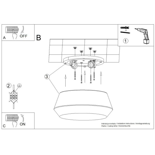Deckenlampe Weiß Schwarz Pergament E27 3-flammig Ø50 cm