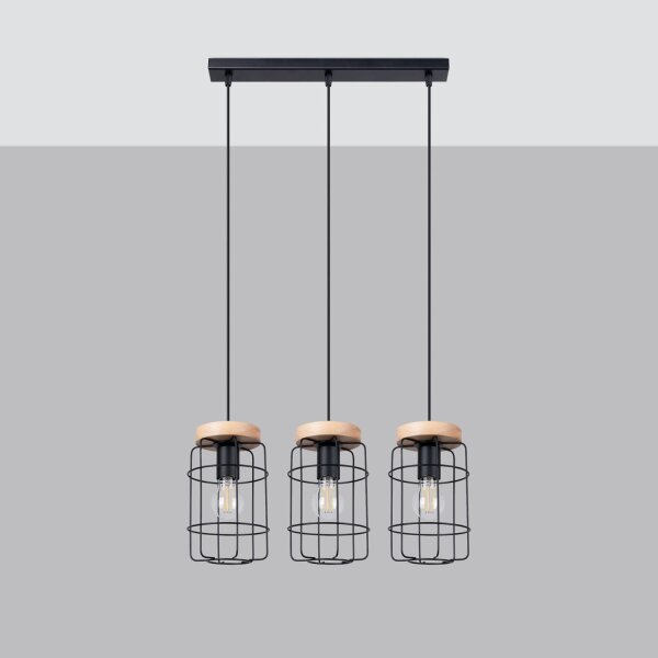 Industrial Hängelampe Holz Metall E27 3-flammig 60 cm