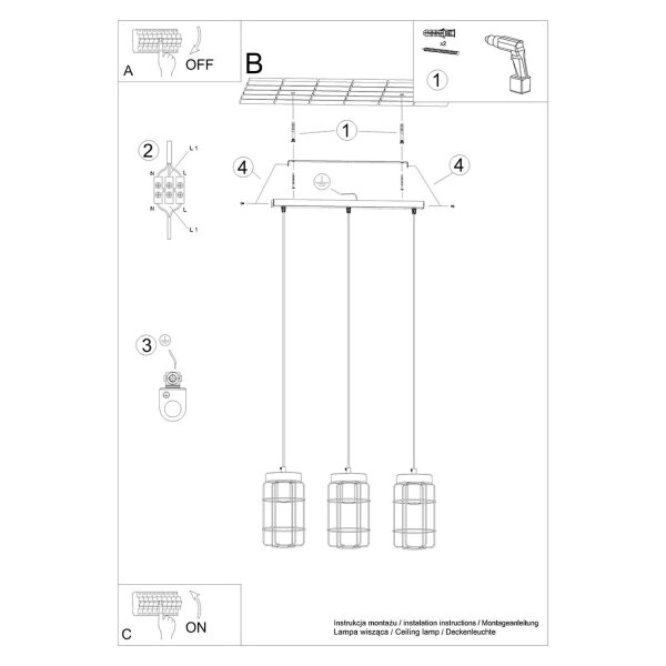 Industrial Hängelampe Holz Metall E27 3-flammig 60 cm