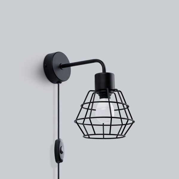 Wandlampe mit Schalter Schwarz Kabel E14 H:23 cm Draht