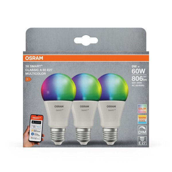 LED Leuchtmittel E27 3er Set RGB CCT 806 lm Smart OSRAM
