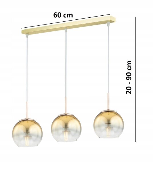 Pendelleuchte 3-flammig Metall Glas Gold E27 L:60 cm