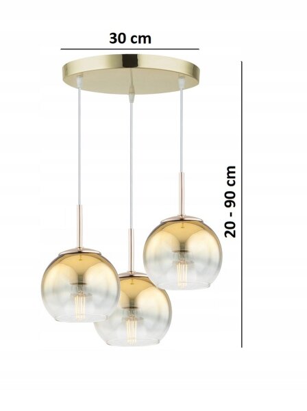 Pendelleuchte 3-flammig Metall Glas Gold E27 L:30 cm