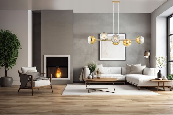 Pendelleuchte 6-flammig Glas Gold E27 L:90 cm Modern