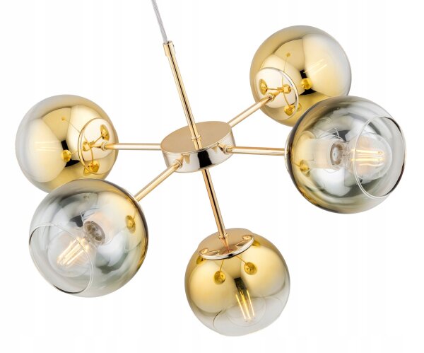 Pendelleuchte 5-flammig Glas Metall Gold E27 L:60 cm