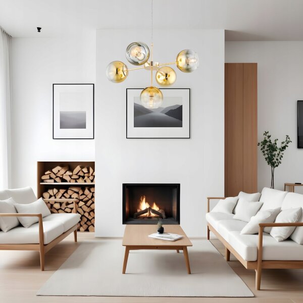 Pendelleuchte 5-flammig Glas Metall Gold E27 L:60 cm