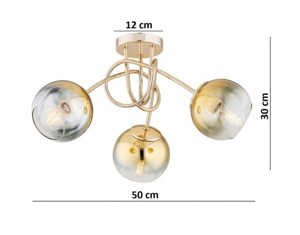 Deckenleuchte 3-flammig Glas Gold E27 B:50 cm blendarm