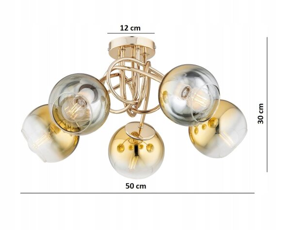 Deckenleuchte 5-flammig Glas Metall Gold E27 B:50 cm