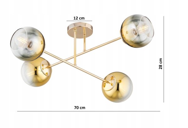 Deckenleuchte 4-flammig Glas Gold E27 L:70 cm blendarm