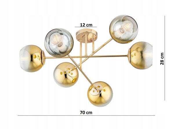 Deckenleuchte 6-flammig Glas Gold E27 L:70 cm blendarm