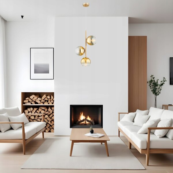 Pendelleuchte 3-flammig Glas Metall Gold E27 B:30 cm