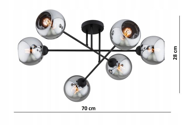Deckenlampe 6-flammig Rauchglas Schwarz E27 L:70 cm