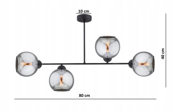 Deckenleuchte Rauchglas Schwarz 4-flammig E27 L:80 cm