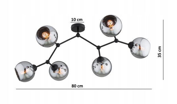 Deckenlampe 6-flammig Rauchglas Schwarz E27 L:80 cm