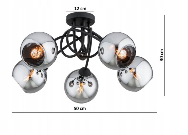 Deckenleuchte 5-flammig Rauchglas Schwarz E27 B:50 cm