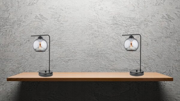 Tischleuchte Rauchglas Schwarz E27 H:30 cm elegant