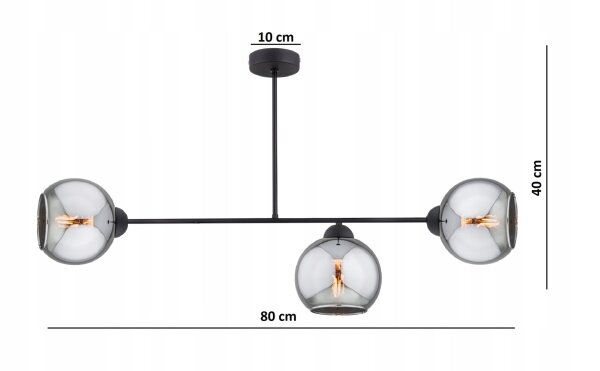 Deckenlampe 3-flammig Rauchglas Schwarz E27 L:80 cm